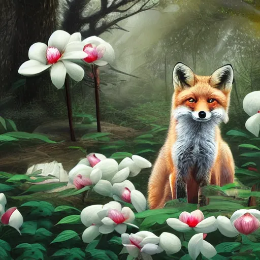 Image similar to small red fox in a forest full of white magnolias, fantasy, photorealistic, highly detailed