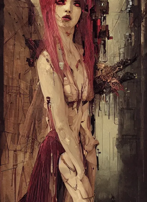 Prompt: women wearing gown, eun emerging from renaissance italy into a cyberpunk mutiversal realm by conrad roset, nicola samuri, dino valls, m. w. kaluta, jakub rebelka, rule of thirds, seductive look, beautiful