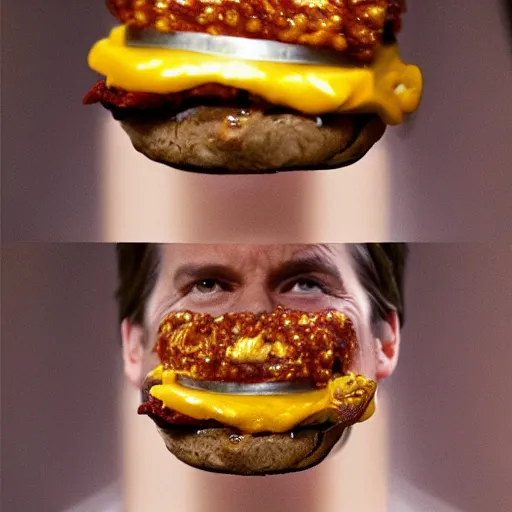 Image similar to kevin bacon face wrapped inside a cheeseburger