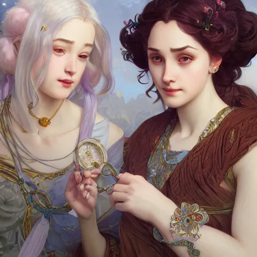 Image similar to portrait of Rem & Ram as actual girls, D&D, fantasy, intricate, elegant, highly detailed, digital painting, artstation, concept art, smooth, sharp focus, illustration, art by artgerm and greg rutkowski and alphonse mucha