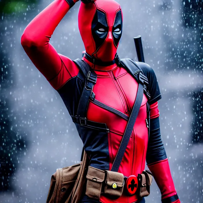 Image similar to fully body pose, photo of a very beautiful!! victoria secret model with deadpool mask on, wet, raining, 8 k, hdr, smooth, sharp focus, high resolution, award - winning photo, trending on artstation, dslr, 5 0 mm