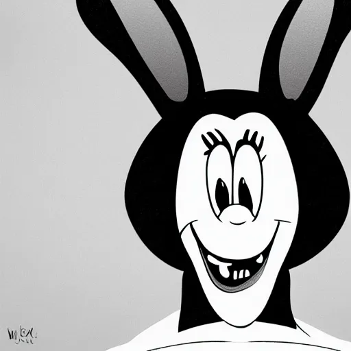 Image similar to A extremely highly detailed majestic hi-res beautiful, highly detailed head and shoulders portrait of a scary terrifying, horrifying, creepy black cartoon rabbit with scary big eyes, earing a shirt laughing, hey buddy, let's be friends, in the art style of Walt Disney