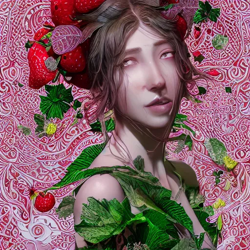 Image similar to the portrait of an absurdly beautiful, graceful, elegant, young woman made of strawberries and green petals looking up, an ultrafine hyperdetailed illustration by kim jung gi, irakli nadar, intricate linework, bright colors, octopath traveler, final fantasy, angular, unreal engine 5 highly rendered, global illumination, radiant light, detailed and intricate environment