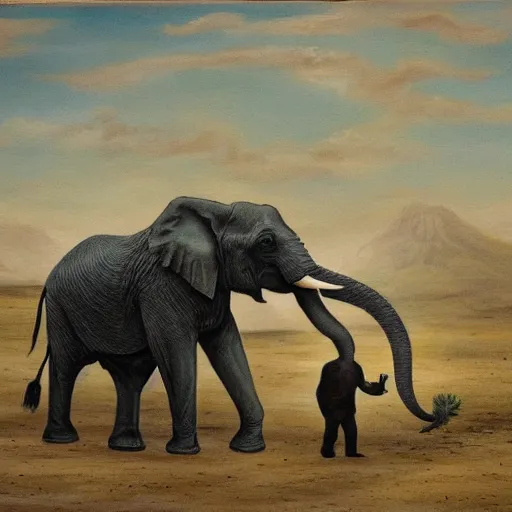 Prompt: A painting of a lonely creature with an elephant body and a crocodile's tail