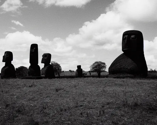 Image similar to black and white noir film with moai