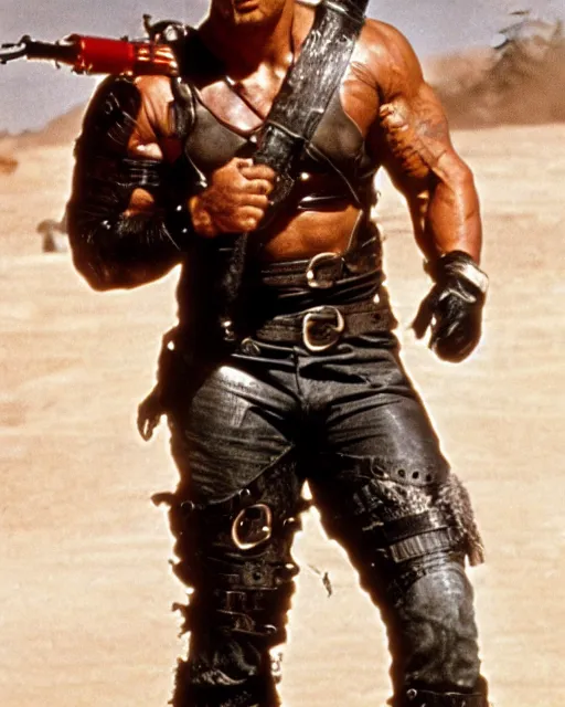 Prompt: film still close up shot of dwayne johnson in the movie mad max 2 the road warrior. photographic, photography