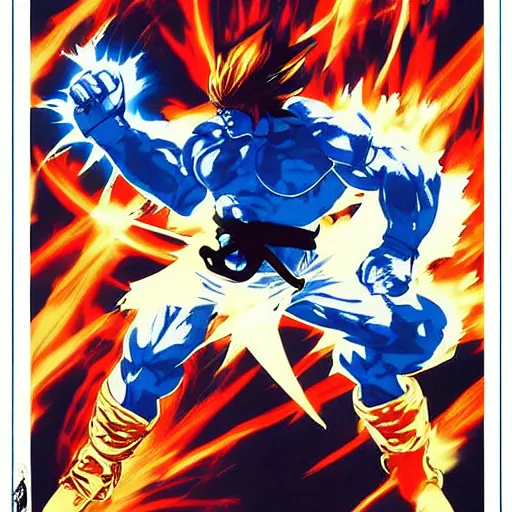 Prompt: shoryuken, dragon punch, kamehameha, hadouken, street fighter, mortal kombat, tournament, hanafuda, evolution, game poster by yoji shinkawa in blue and white