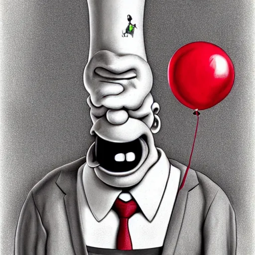 Prompt: surrealism grunge cartoon portrait sketch of clown with a wide smile and a red balloon by - michael karcz, loony toons style, homer simpson style, horror theme, detailed, elegant, intricate