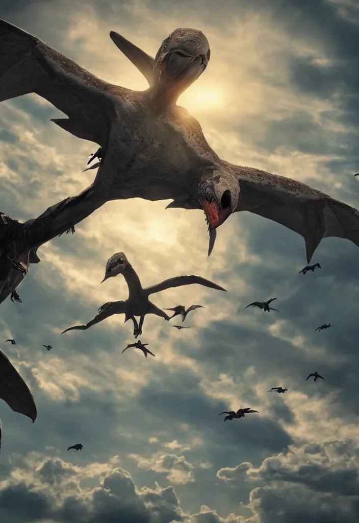 Prompt: a child looking at a pterodactyle flying in the sky in the style of a movie poster, realistic, super detailed, cinematographic, epic lighting