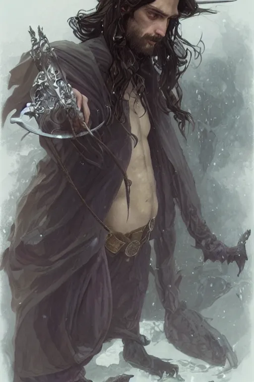 Prompt: skinny male fantasy alchemist, long dark hair, 1 9 th century fantasy, elegant, highly detailed, intricate, smooth, sharp focus, artstation, digital paining, concept art, art by donato giancola, greg rutkowski, artgerm, cedric peyravernay, valentina remenar, craig mullins