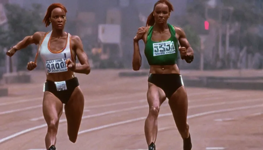 Prompt: The matrix, LeeLoo, Starship Troopers, Olivia Pope, 1990's Olympics footage, Sprinter athletes recovering from a race, tuning their mechanical legs with mechanics helping, intense moment, cinematic stillframe, dramatic lighting, The fifth element, vintage robotics, formula 1, starring Geena Davis