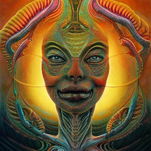 Image similar to Complex alien fractal structure, by alex grey, by Esao Andrews and Karol Bak and Zdzislaw Beksinski and Zdzisław Beksiński, trending on ArtStation