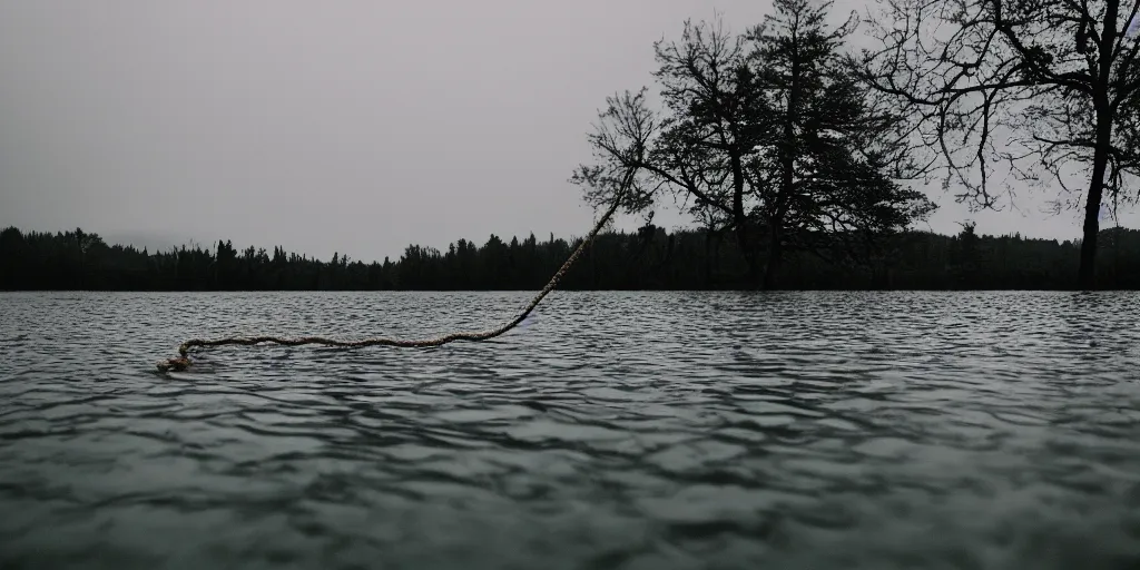 Prompt: symmetrical photograph of an infinitely long rope submerged on the surface of the water, the rope is snaking from the foreground towards the center of the lake, a dark lake on a cloudy day, trees in the background, moody scene, kodak colorful film stock, anamorphic lens