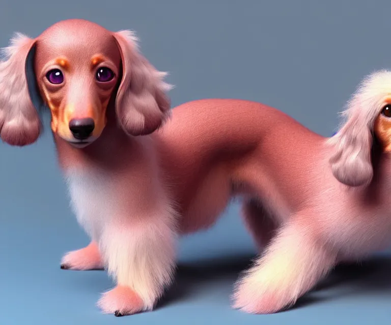 Prompt: high quality 3 d render hyperrealist very cute multipastel very fluffy dachshund, vray, smooth in the background, artstation, ultra detailed, octane render