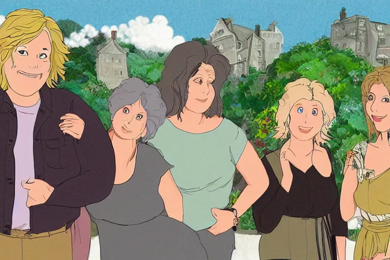 Image similar to Jennifer Saunders on the set of Friends by Studio Ghibli, digital art, illustration, cute