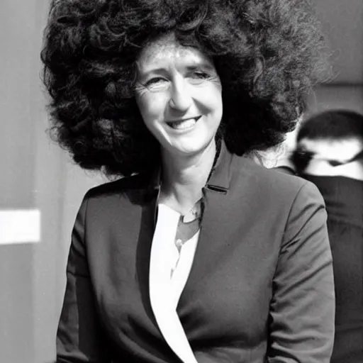 Prompt: marine lepen with afro hair, 7 0 s fashion