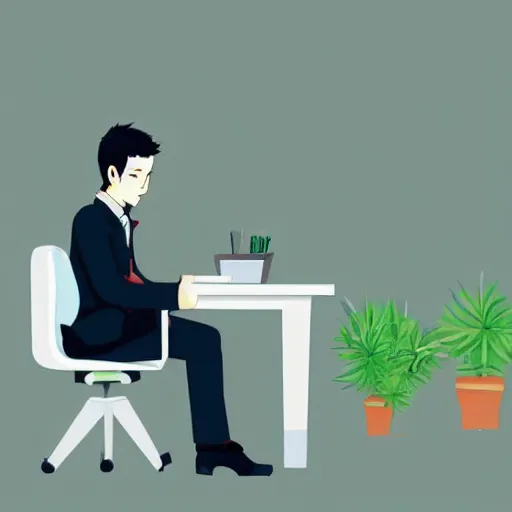 Image similar to a worker wearing a suit is contemplating life in front of his desk, it is all inside a small depressive cubicle which is completely surrounded by beautiful nature, anime style