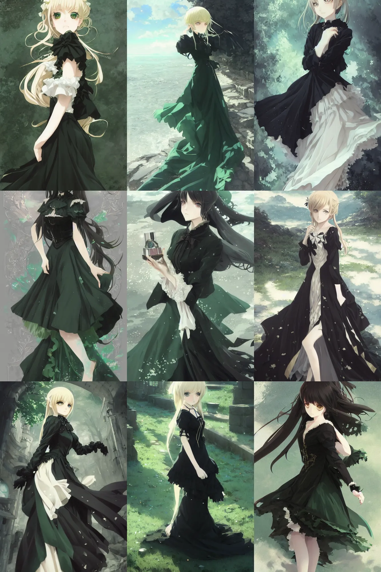 Image similar to victorique de blois anime girl gosick super detailed green eyes green eyes green eyes green eyes black dress black dress black dress black dress blonde hair by greg rutkowski makoto shinkai aramaki shinji artgerm, cushart krenz key art feminine award winning