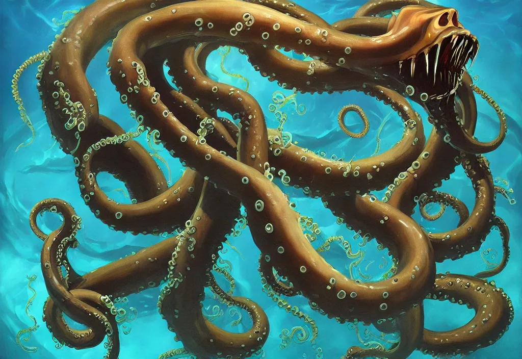 Prompt: Underwater Tentacle Pandomonium;Art by Greg Manchess, Art Direction by Jeremy Jarvis; painting spiraling inward; Deep sea horror; gallery painting; teeth and eyes; illustration