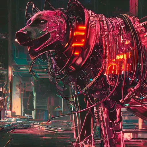 Image similar to cybernetically enhanced hyena, neon lights on body, exposed metal and wires, cyberpunk beksinki style, highly detailed video game concept art for cyberpunk 2 0 7 7