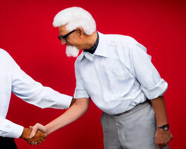 Image similar to Obama giving Colonel Sanders from KFC a handshake, photograph, red background with white stripes, 8k, commercial lighting, professional lighting