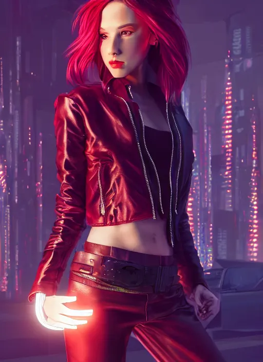 Prompt: pretty young woman with shoulder length shiny shimmering dark red hair and wearing a stuffed leather jacket with neon, path traced, highly detailed, high quality, digital painting, by cd projekt red, cyberpunk,