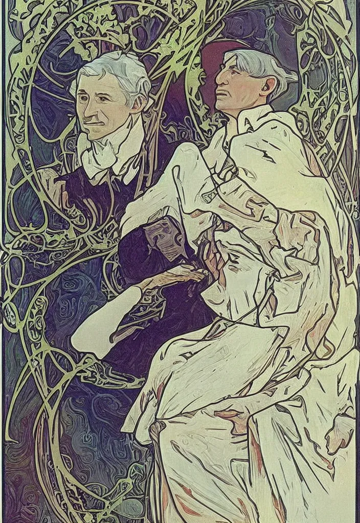 Image similar to realistic white - haired geoffrey hinton on a tarot card, tarot in art style by alphonse mucha