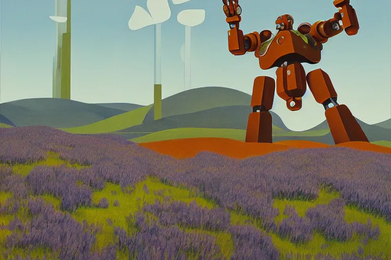 Image similar to giant mecha robot, blooming hills with spring flowers and pillars by helen lundeberg