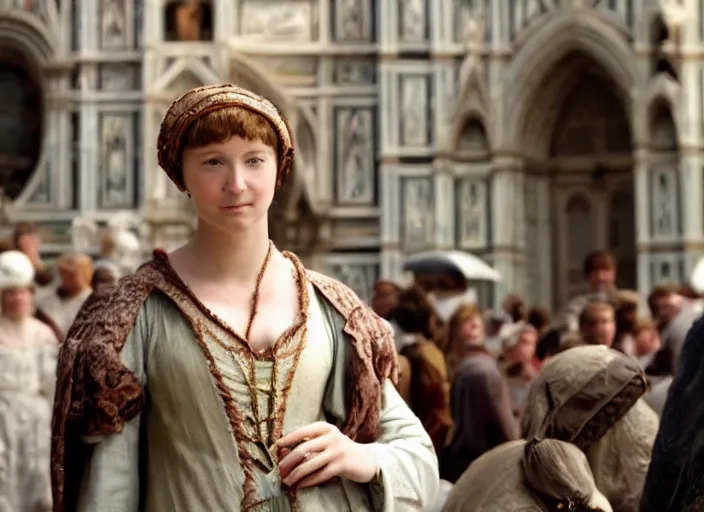 Prompt: street scene from a 2 0 1 0 film set in 1 4 5 0 florence italy showing a young noblewoman in closeup