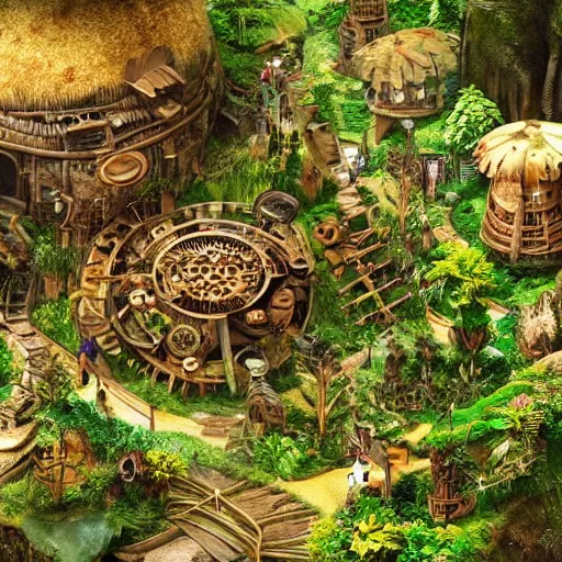 Prompt: A tribal village inside a clockwork dome, detailed and fully realized immersive dystopian verdant reclamation or natural ways, realistic, natural rusted technology