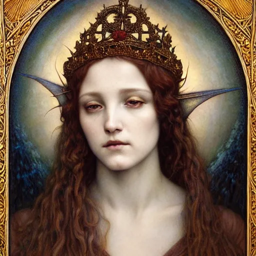 Prompt: detailed realistic beautiful young medieval queen face portrait by jean delville, tom bagshaw, brooke shaden, gustave dore and marco mazzoni, art nouveau, symbolist, visionary, gothic, pre - raphaelite, ornate gilded medieval icon, surreality, ethereal, unearthly, haunting, celestial, neo - gothic
