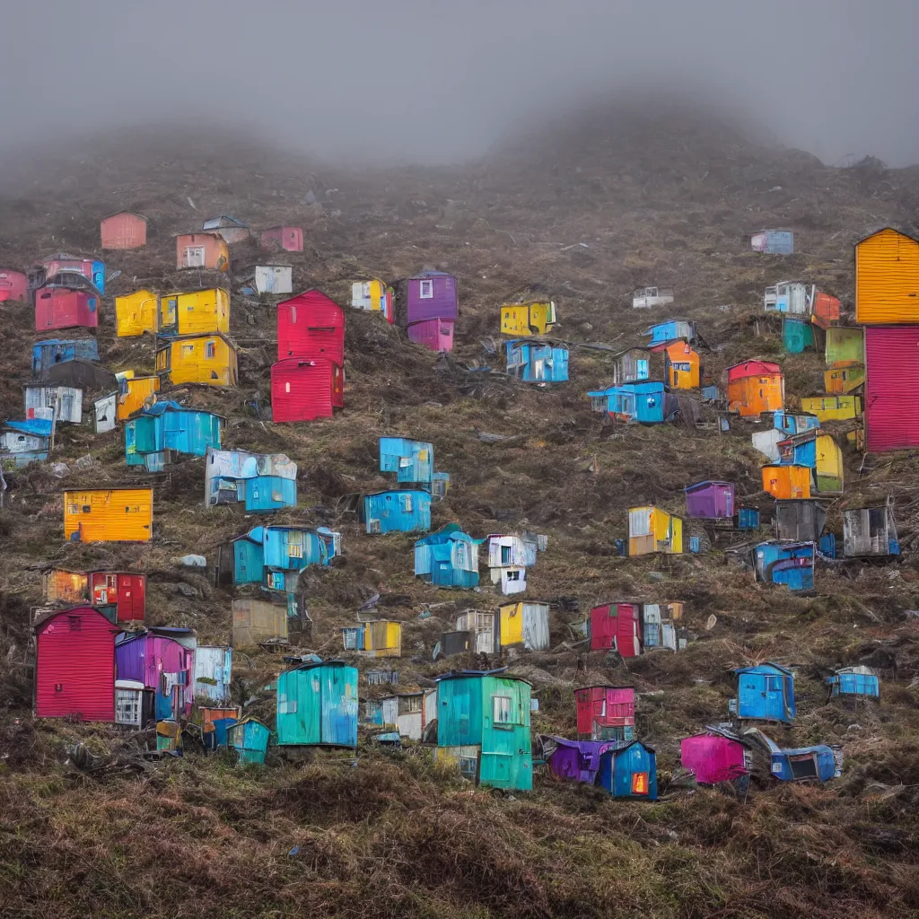 Prompt: two towers, made up of colourful makeshift squatter shacks, uneven dark fog, dystopia, sony a 7 r 3, f 1 1, ultra detailed, photographed by jeanette hagglund