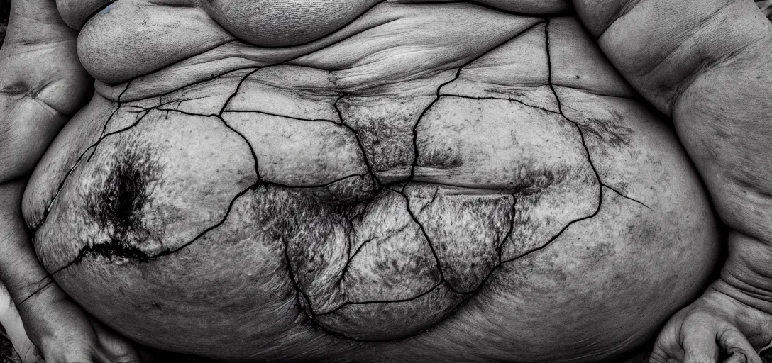 Prompt: a landscape photograph of a world made of greasy skin, folds of belly flab, skin, veins, bruises, scabs, warts, acne, highly detailed, wide angle lens, depth of field, distance fog, even lighting, hdri