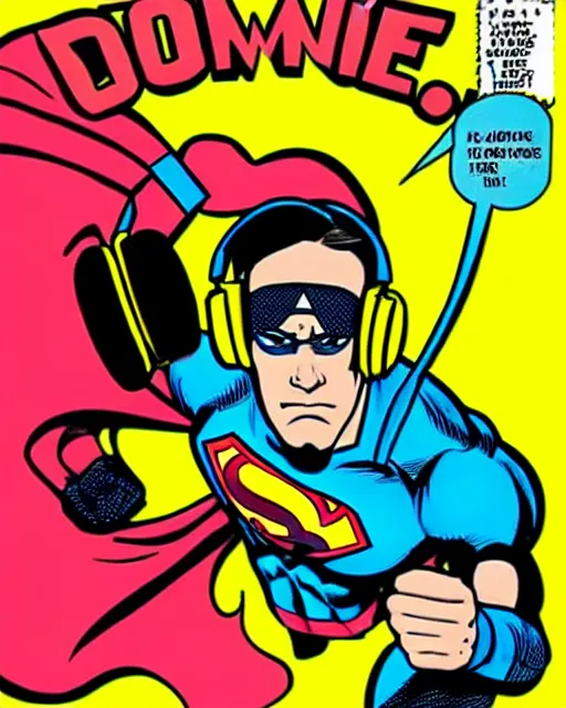 Image similar to a comic book cover of a superhero wearing headphones