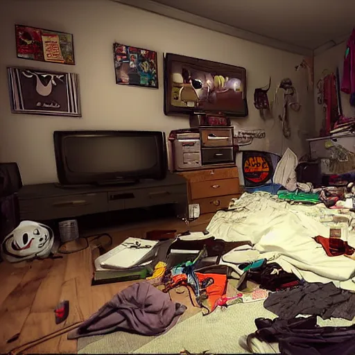 Prompt: very messy bedroom with random objects, clothes, and trash piled high in between the tv and the couch, where three stoner teens, one with messy hair and a beard, one with pale white skin and short side - swept hair, and one with pale white skin, long hair, and a goatee all playing video games