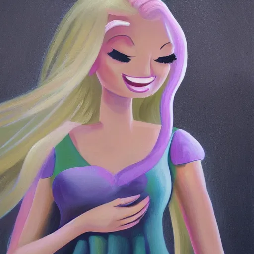 Prompt: a painting of an angel, a young woman with long blond hair and a halo smiling in heaven, wearing a black top and gray multi - color dress, pixar, animated, cute