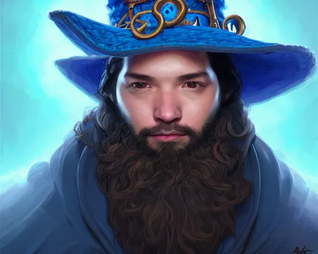 Prompt: amazing portrait of alexis ohanian as a wizard, blue wizard hat, deep focus, symmetrical face, d & d, fantasy, intricate, elegant, highly detailed, digital painting, artstation, concept art, matte, sharp, illustration, hearthstone, art by artgerm and greg rutkowski and alphonse mucha
