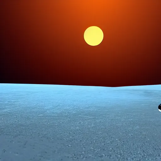 Image similar to a small spaceship landed on an ice covered planet, gradient sunset in the background