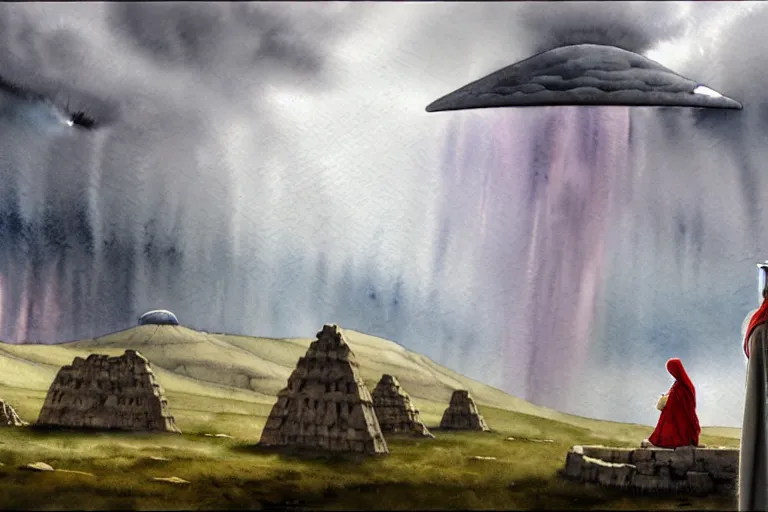 Prompt: a hyperrealist watercolor concept art of a giant ufo in the sky above gobekli tepe during a thunderstorm. a medieval child in grey robes is in the foreground. very muted colors, by rebecca guay, michael kaluta, charles vess. high detail, hq, wide shot, 4 k