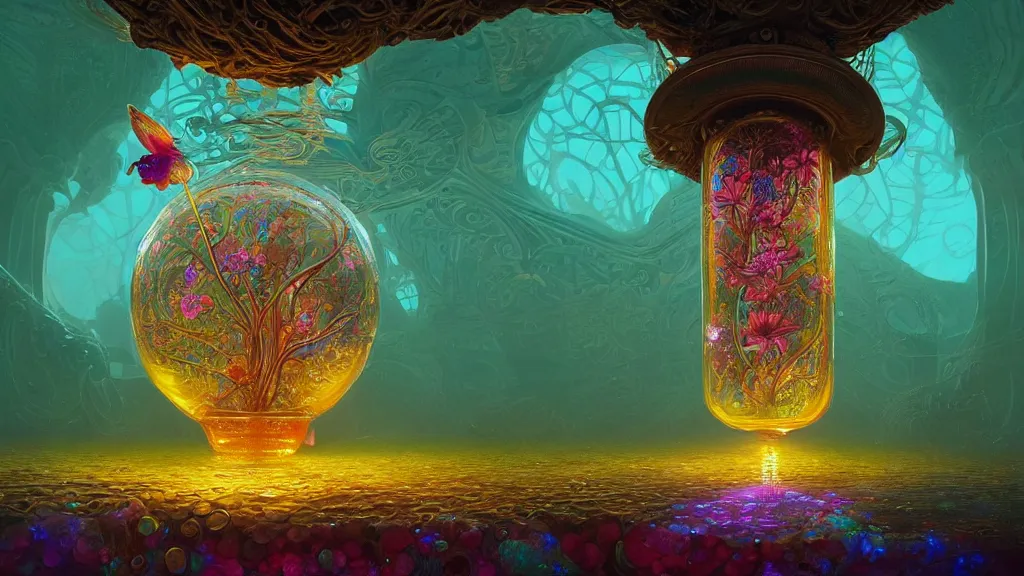 Image similar to a beautiful woman inside of an ornate bottle of iridescent liquid, alchemy, intricate, bloom, detailed, volumetric lighting, sharp focus, photorealism, digital painting, highly detailed, concept art, by roger dean and simon stalenhag and mark brooks