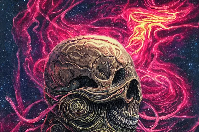 Image similar to a giant skull and flesh creature with deep and intricate rune carvings and glowing eyes and twisting lovecraftian tentacles emerging from a space nebula by dan mumford, twirling smoke trail, a twisting vortex of dying galaxies, digital art, photorealistic, vivid colors, highly detailed, intricate