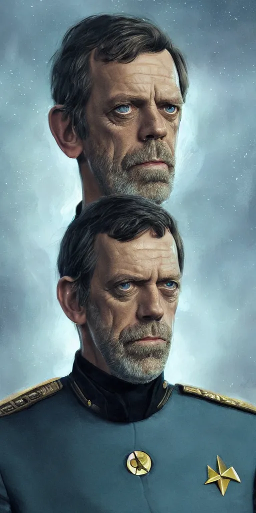 Prompt: portrait of Hugh Laurie wearing his starfleet captains uniform, close face shot, realistic character concept, high fantasy, light atmosphere, golden ratio, cinematic lighting, hyperdetailed, high resolution, insanely detailed and intricate, artstation, Marc Simonetti, Greg Rutkowski