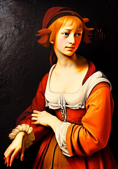 Prompt: Renaissance impasto painting of an Anime girl, visible brushstrokes, in style of Rembrandt