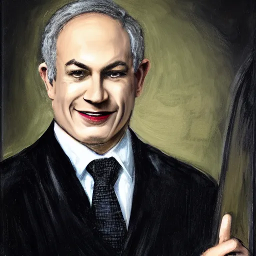 Prompt: Gothic portrait of Benjamin Netanyahu grinning in a dark office, black make up, detailed