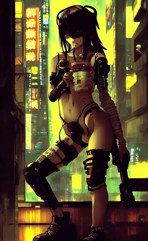 Image similar to cyberpunk anime girl sit in a night bar, cyberpunk oni mask, 3 / 4 shot, street night, beautiful face, grafity, arcane, action, detail, good face, pose model, concept art, in style of yoji shinkawa, pan ren wei, col price, atey ghailan, by greg rutkowski, aesthetic, digital painting