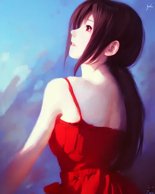 Image similar to elegant tifa lockhart in a red cottagecore dress, portrait, illustration, rim light, top light, clear blue sky, winter, perfectly shaded, soft painting, art by krenz cushart and wenjun lin