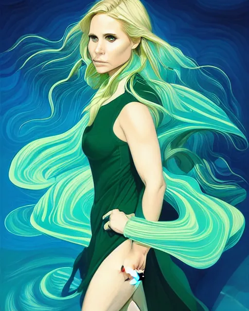 Image similar to style artgerm, joshua middleton, beautiful kristen bell with green dress, very long blue hair, water powers water swirling, symmetrical face, symmetrical eyes, detailed, beach setting, cinematic lighting