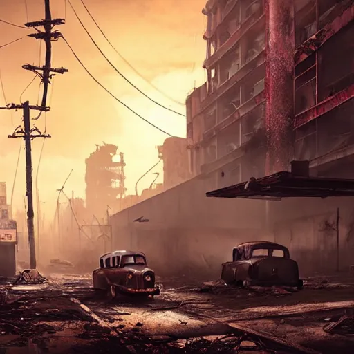 Image similar to fallout 4 : miami, ruined city environment, rusted vintage cars and trucks mysterious atmospheric lighting, matte painting, intricate, iridescent, volumetric lighting, beautiful, rich deep colours masterpiece, fog golden hour, golden ratio, sharp focus, ultra detailed, by leesha hannigan, ross tran, thierry doizon, kai carpenter, ignacio fernandez rios