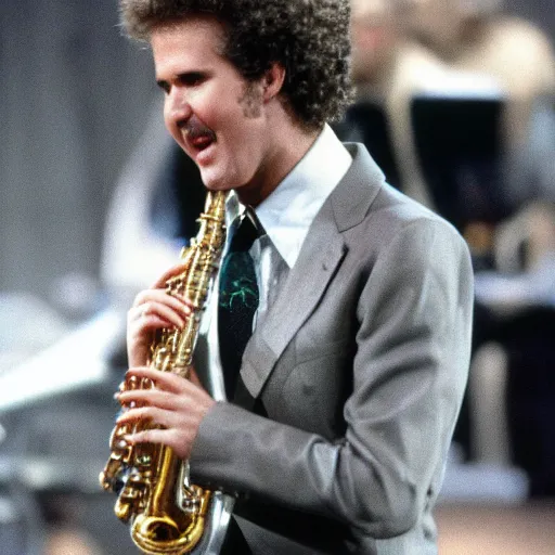 Image similar to will farrell wearing piano key necktie, 1 9 8 0 s, saxophone,