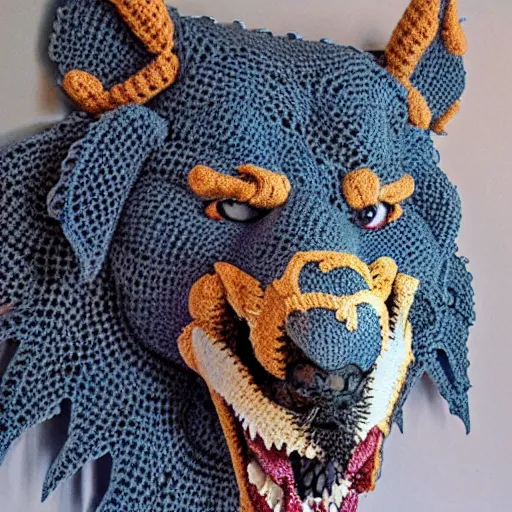 Prompt: fenrir crocheted art